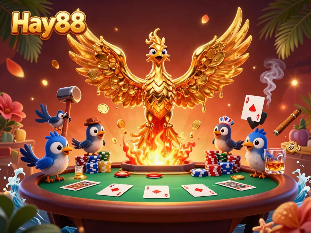 Experience thrilling gameplay with Hay88's golden phoenix and poker elements in an immersive 3D casino scene.