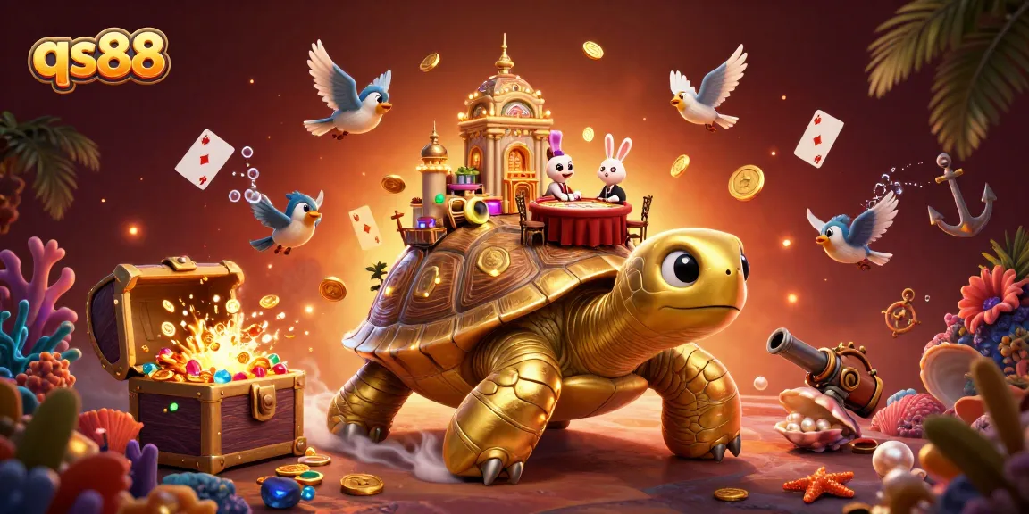 Engage with qs88's thrilling 3D casino adventure as golden coins fly around a unique tortoise casino.
