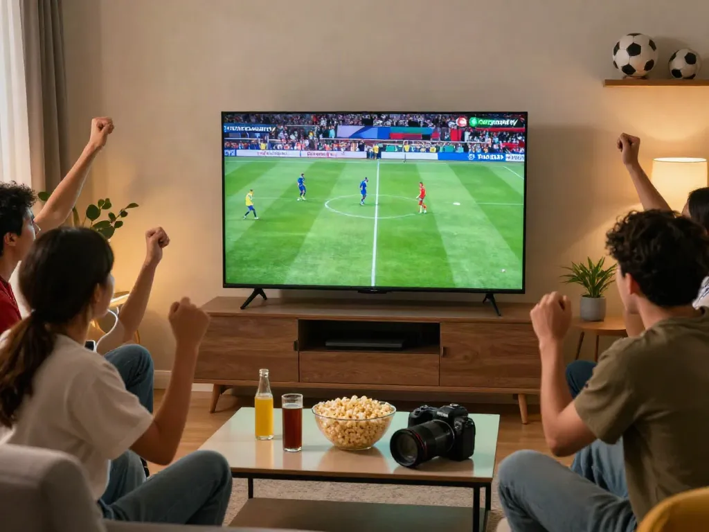 Friends enjoying a football match on Thapcamtv in a lively living room atmosphere.