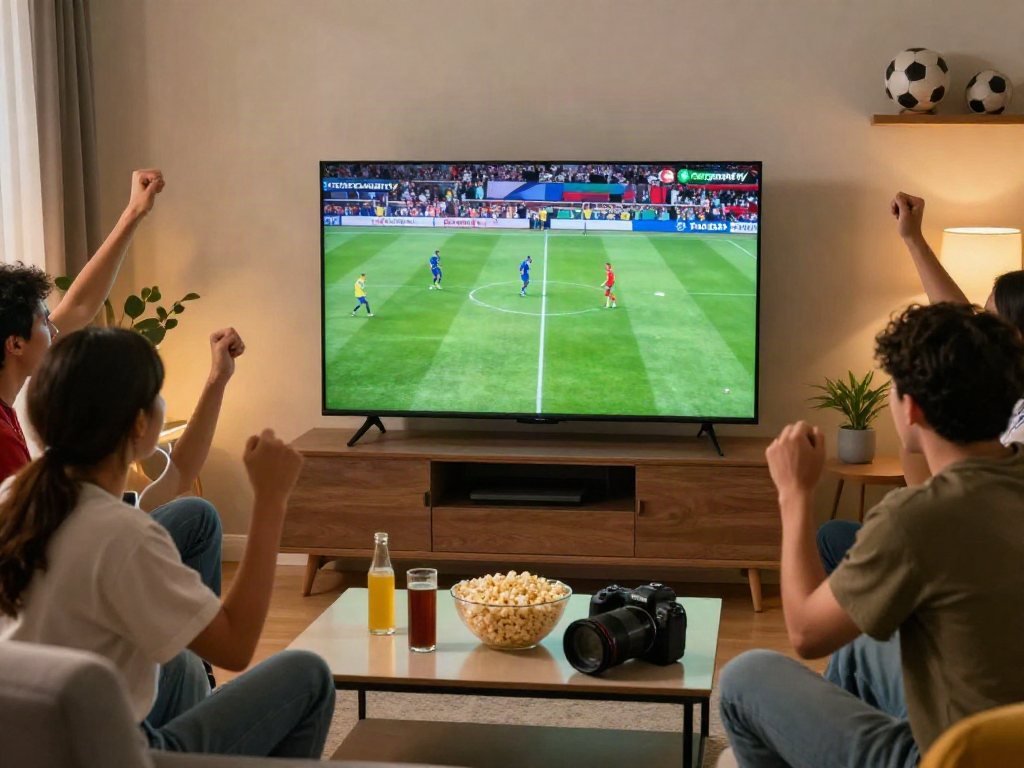 Friends enjoying a football match on Thapcamtv in a lively living room atmosphere.