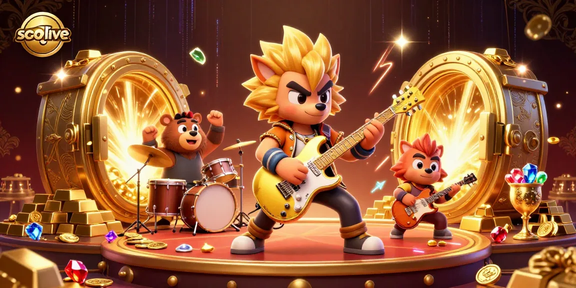 Socolive's vibrant casino scene featuring a rock star wolf and drummer bear celebrating big wins with treasures and gems.