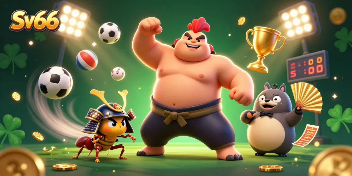 Experience the excitement of Sv66 with a dynamic casino scene featuring sports balls, thrilling characters, and vibrant details.