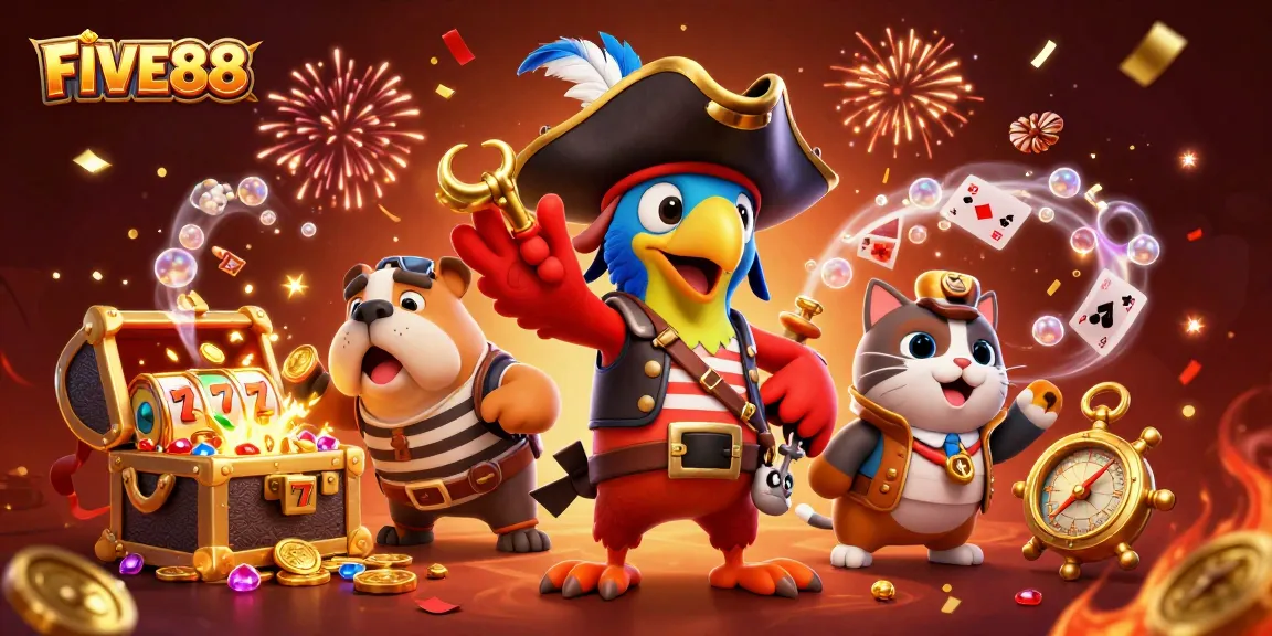 Experience the excitement of FIVE88 with vibrant casino characters amidst a treasure-filled adventure.