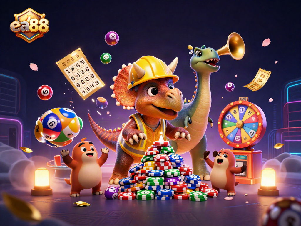 Celebrate with ea88 as the triceratops stacks poker chips amidst a dynamic casino scene.