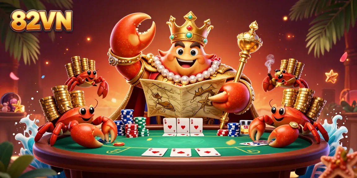 Experience the excitement of 82VN with the golden crab emperor, vibrant poker elements, and rich casino visuals.