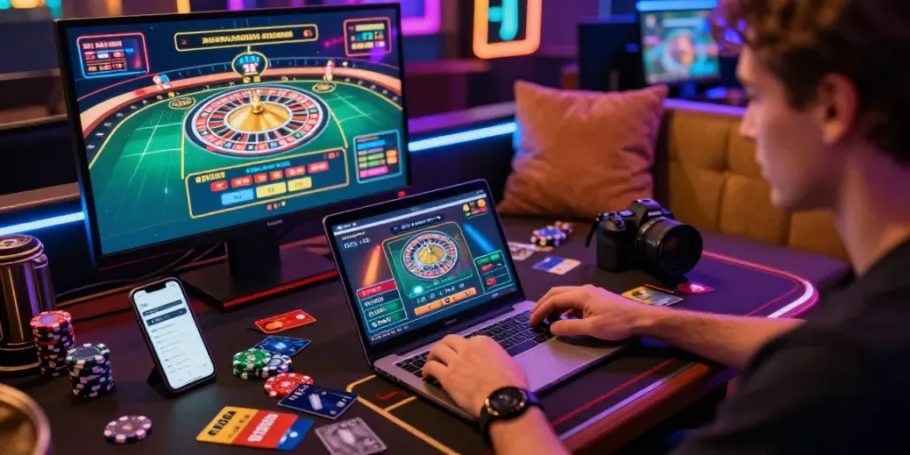 Exciting player at virtual credit card casinos, surrounded by cards and gaming elements in a cozy setting