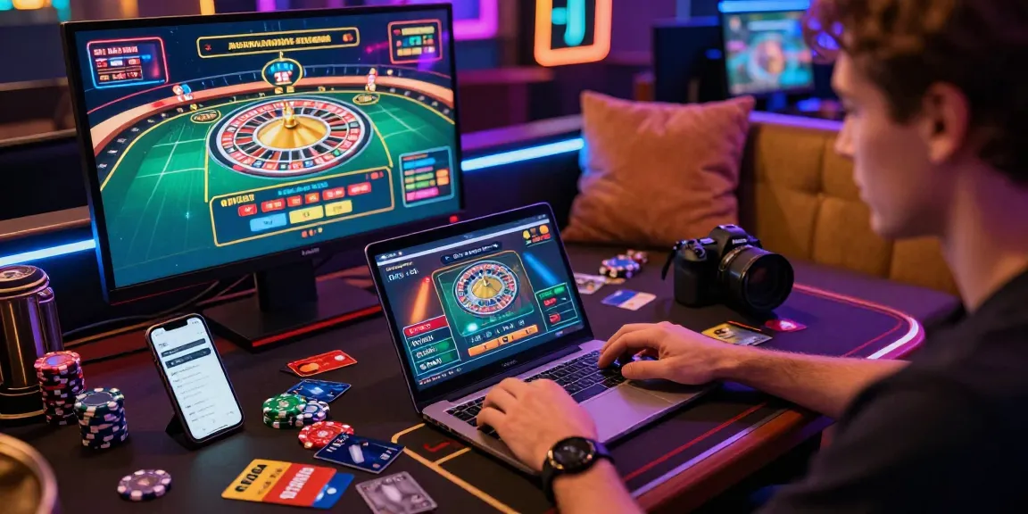 Exciting player at virtual credit card casinos, surrounded by cards and gaming elements in a cozy setting