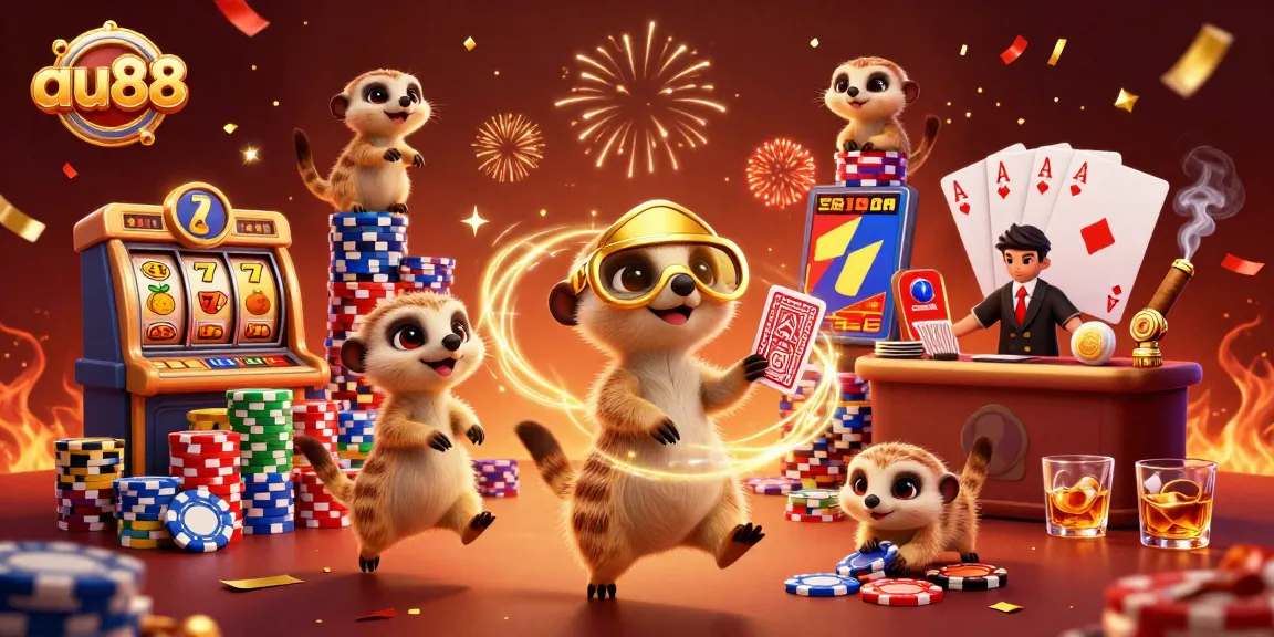 Experience excitement at au88 with lively meerkats managing casino chips and slot reels.