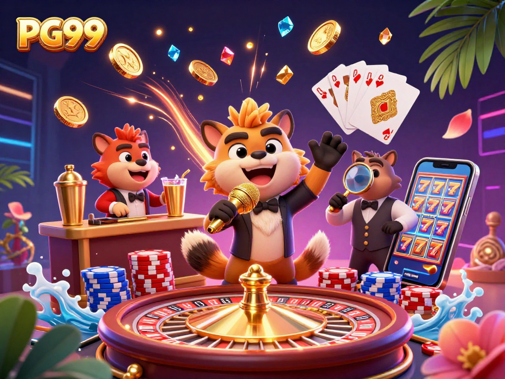 Engage in PG99 thrills with hyenas at a lively comedy casino, showcasing vibrant 3D gaming elements.