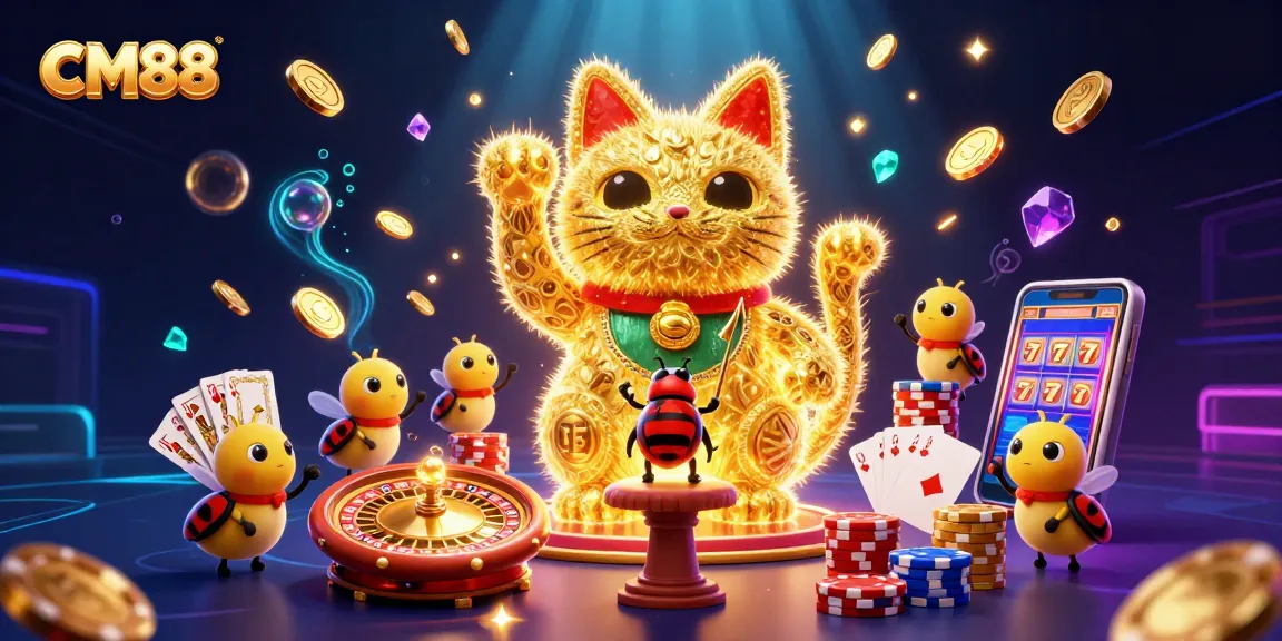 Play and win with CM88 at a vibrant casino scene featuring a lucky cat and exciting gaming elements.