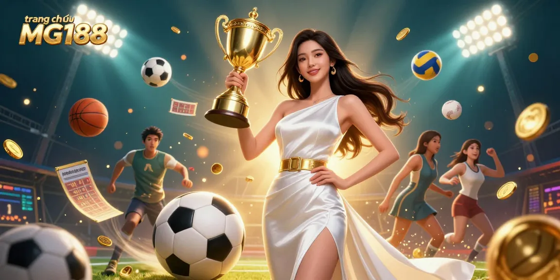 Experience excitement on trang chủ MG188 with a victorious Asian woman celebrating sports victory in a vibrant casino illustration.