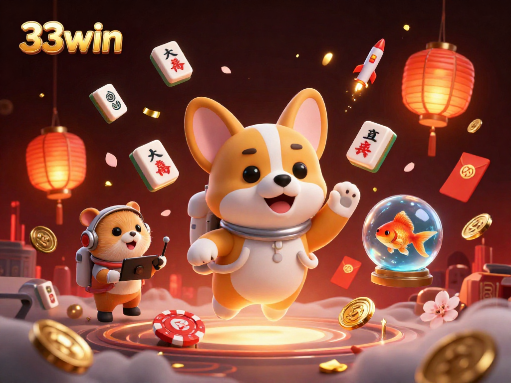 Engage with thrilling games at 33win, featuring a vibrant 3D casino scene with floating characters and dynamic elements.