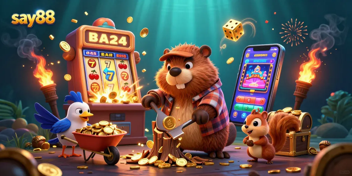 Experience thrilling wins at say88 with a cartoon beaver surrounded by golden coins and vibrant casino games.