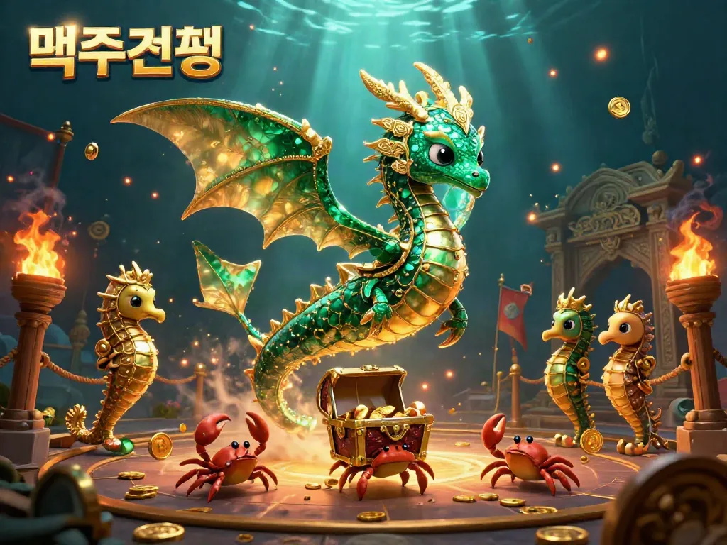 Engage in 먹튀검증 with a vibrant underwater scene featuring a sea dragon, treasure chest, and dynamic gaming elements.