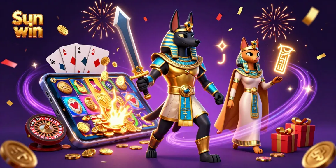 Engage in thrilling gaming excitement with Sun win as Anubis and Bastet celebrate in a vibrant casino.