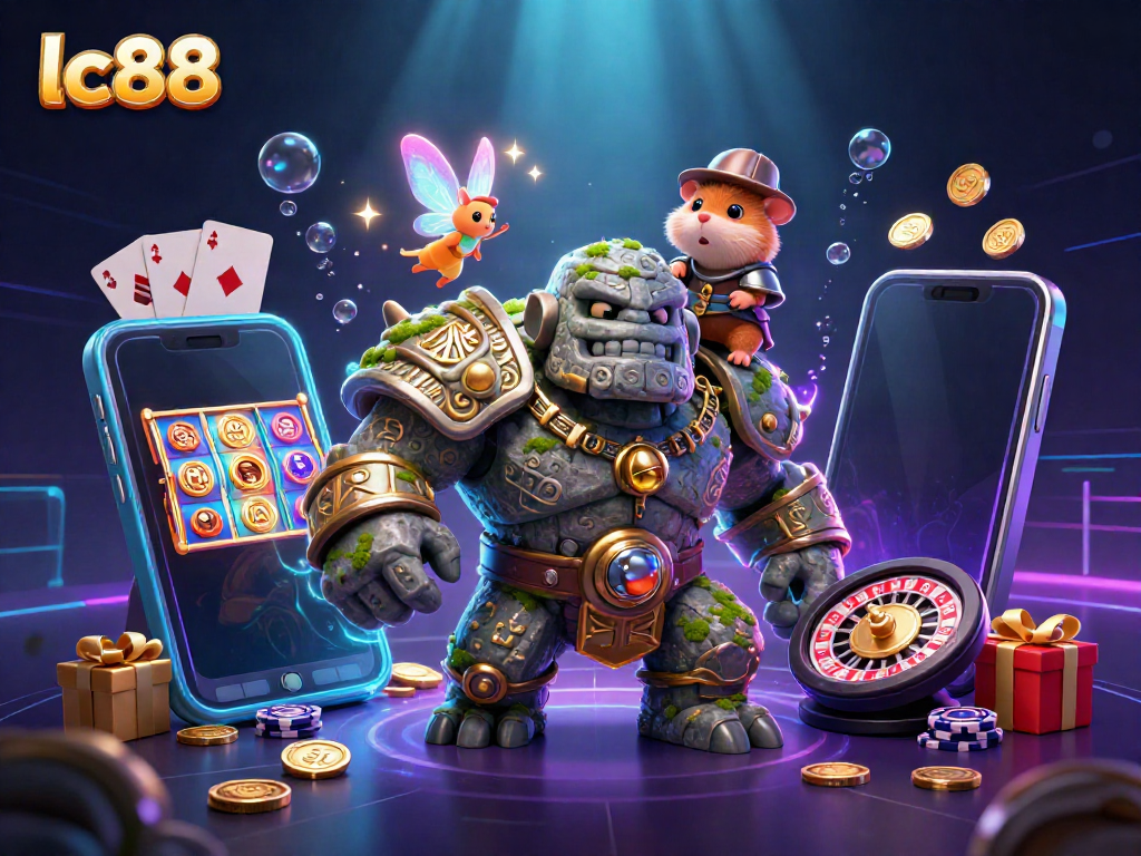 Experience thrilling gameplay with lc88, showcasing fantasy characters amidst colorful slot games and casino elements.