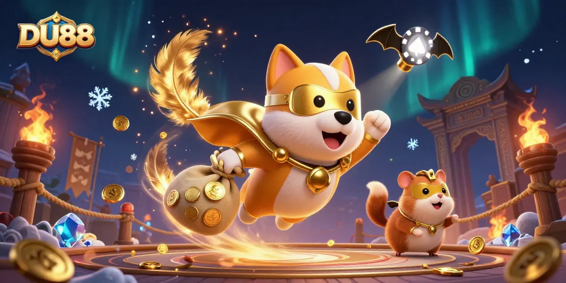 Engage with DU88 as a superhero dog delivers coins amid dazzling casino elements.