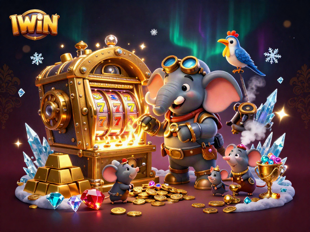 IWIN brings luck with a vibrant steampunk elephant winning at a golden slot machine.