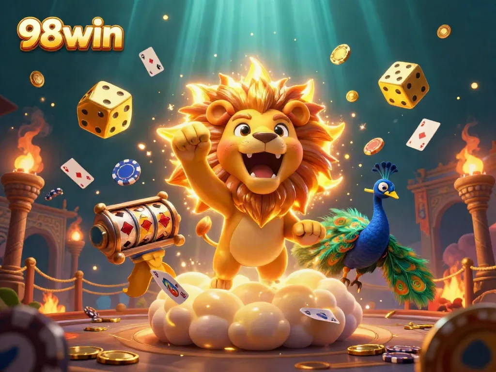 Experience thrilling moments at 98win with an energetic 3D illustration of gaming elements and a roaring lion symbolizing victory.