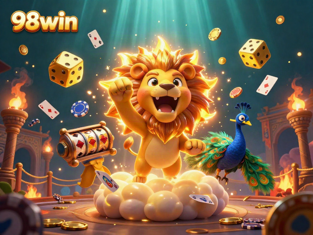 Experience thrilling moments at 98win with an energetic 3D illustration of gaming elements and a roaring lion symbolizing victory.