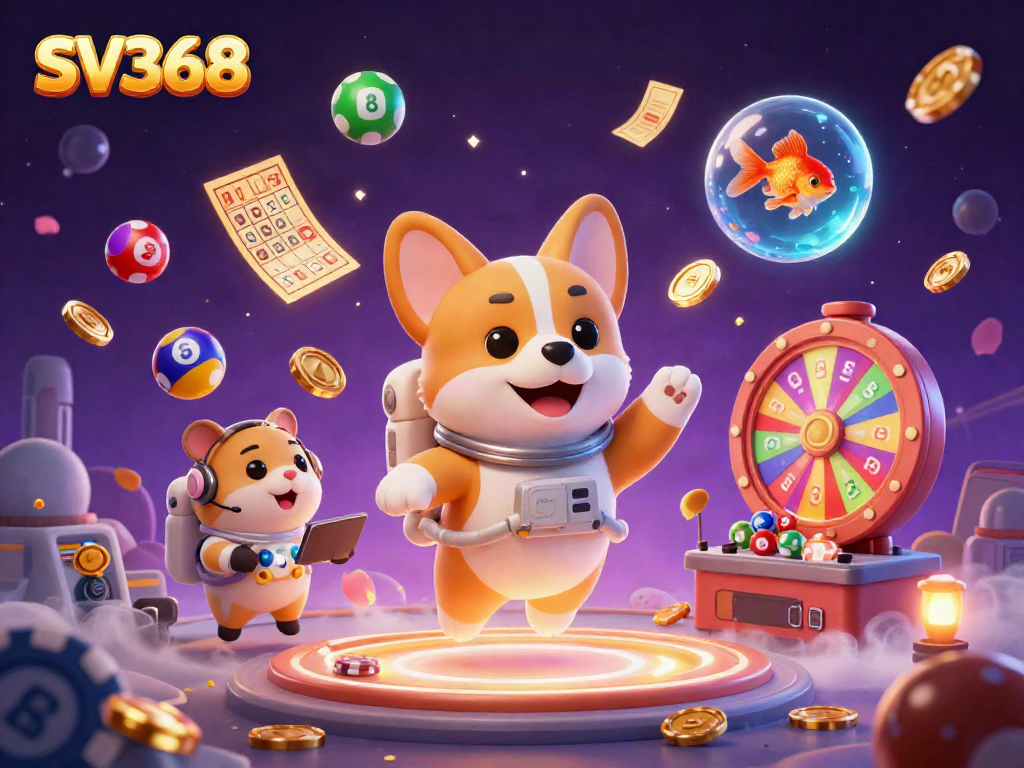 Experience thrilling gaming at SV368 with a 3D illustration of a corgi in a space casino.