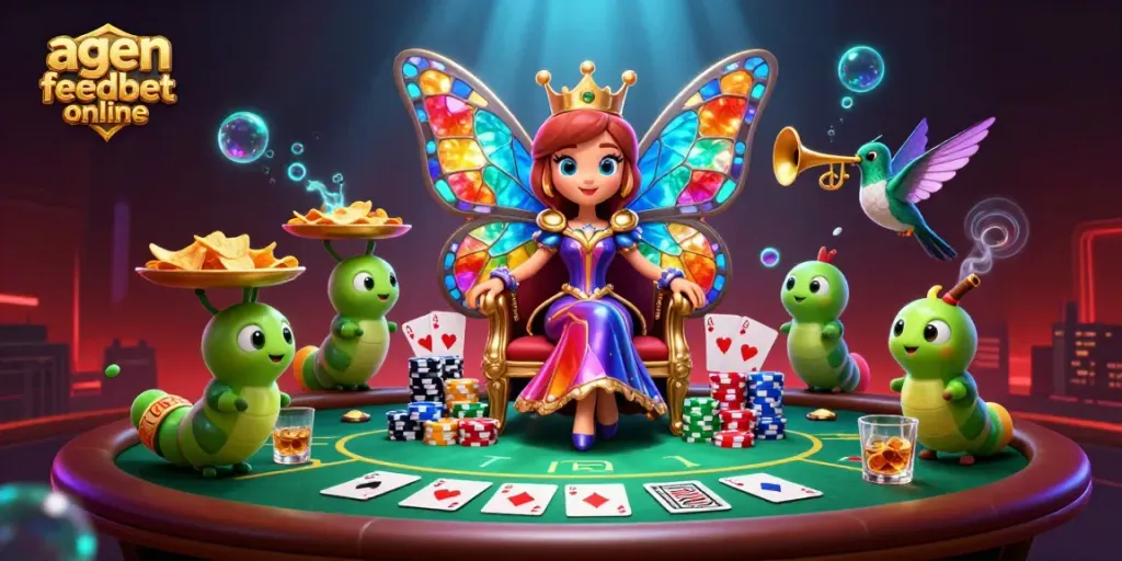 Engage with agen feedbet online through a colorful casino-themed 3D illustration showcasing vibrant characters and gaming elements.
