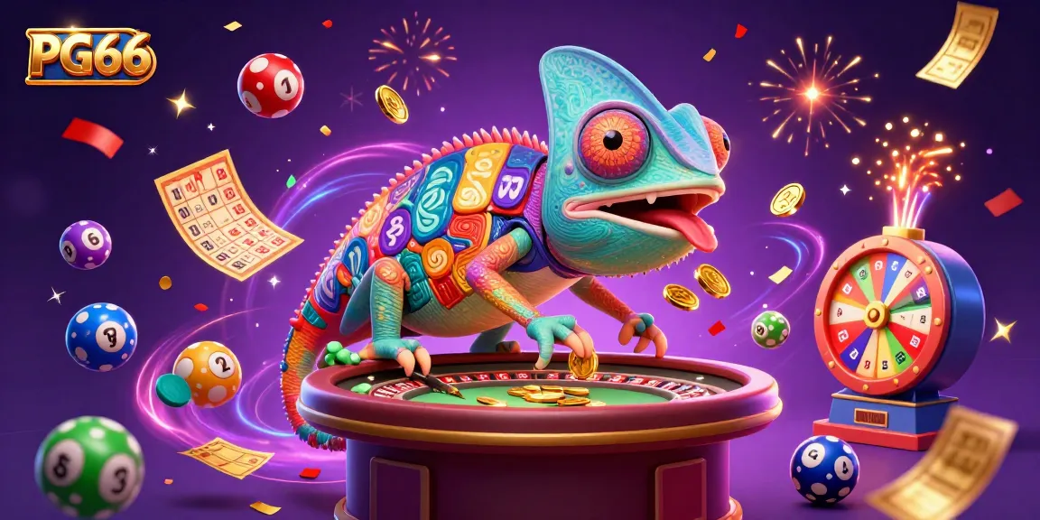 Engage with PG66's vibrant casino world featuring a colorful chameleon and dynamic gaming elements.
