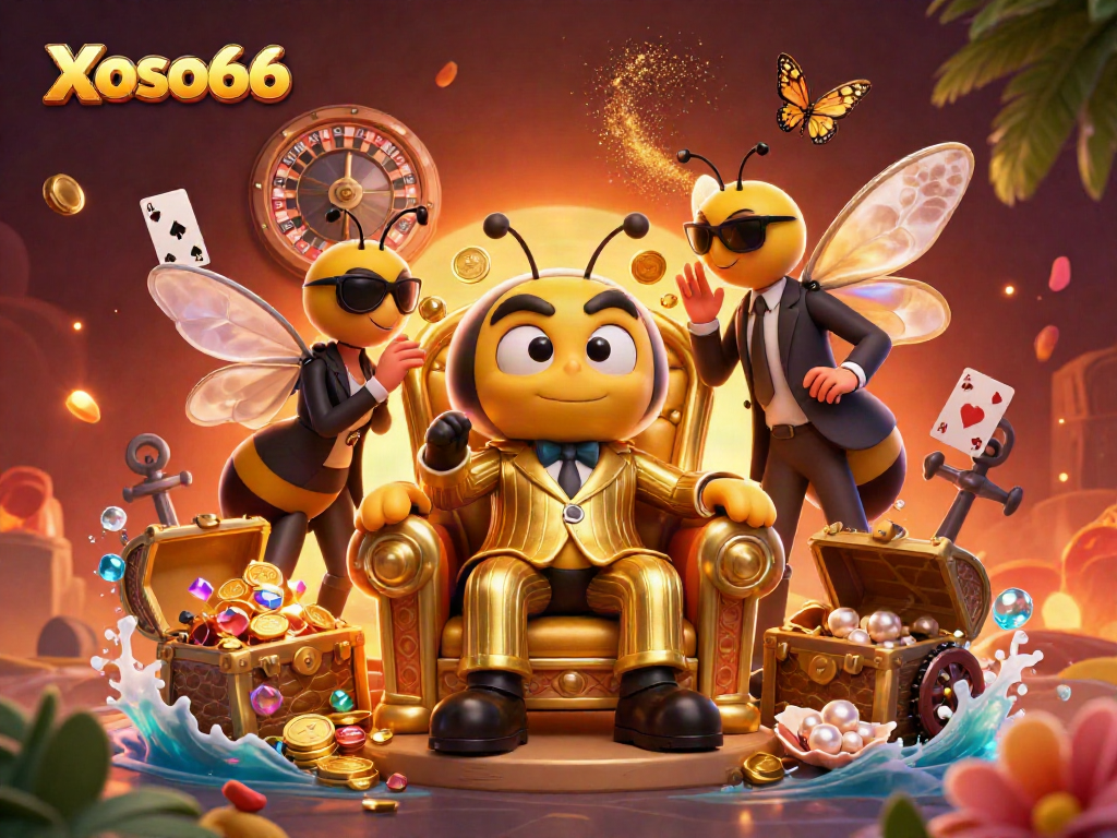 Engage in thrilling games at Xoso66 with this dynamic illustration of casino gameplay and vibrant characters.