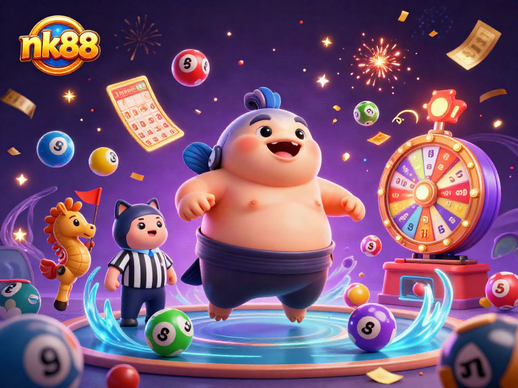 Engage with nk88 in a vibrant lottery scene featuring a 3D fugu and colorful game elements.