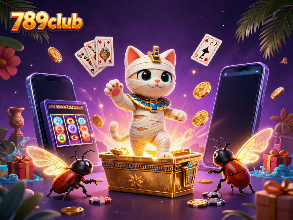 Experience thrilling wins with 789club, showcasing vibrant casino elements and energetic characters.