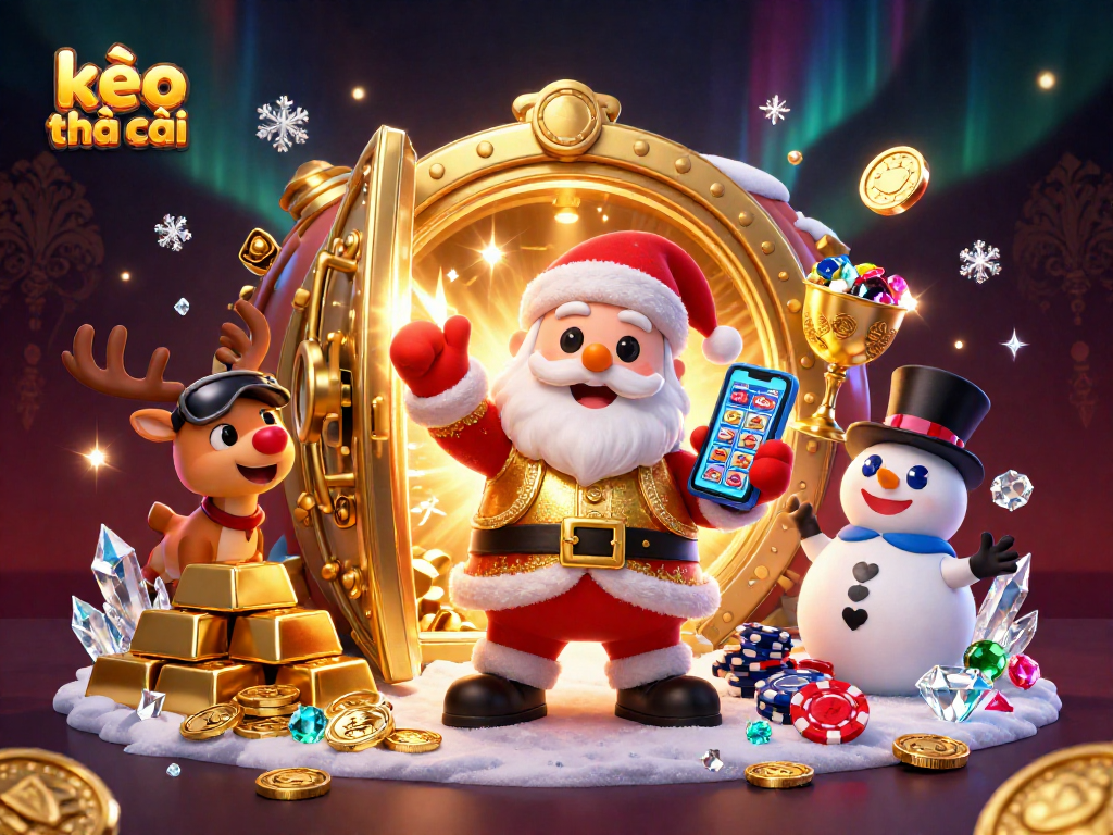 Spin the kèo nhà cái slots with Santa Claus, a reindeer dealer, and a poker chip snowman in a vibrant casino scene.