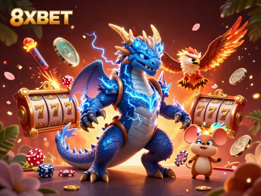 Experience thrilling wins with 8XBET as the thunder dragon, fierce hawk, and static mouse navigate a vibrant casino adventure.