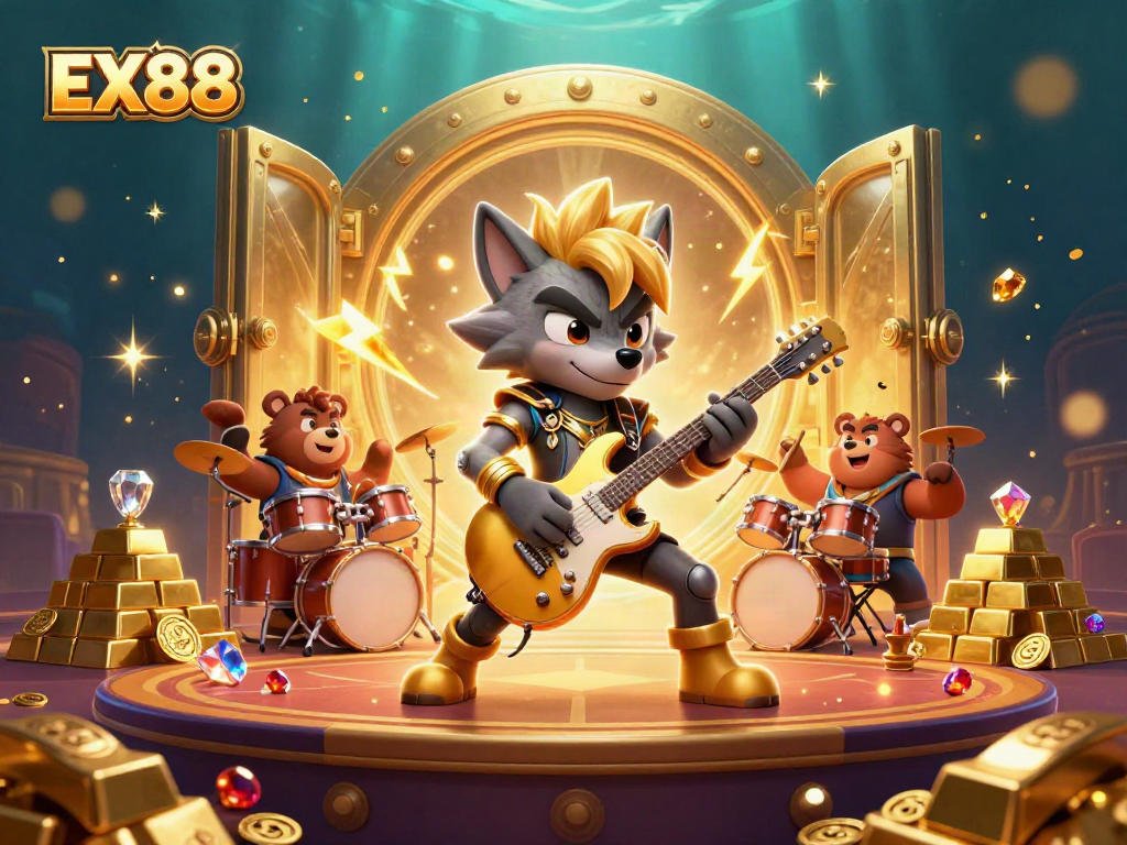 Join the EX88 excitement with a cartoon rock star wolf rocking the casino stage!