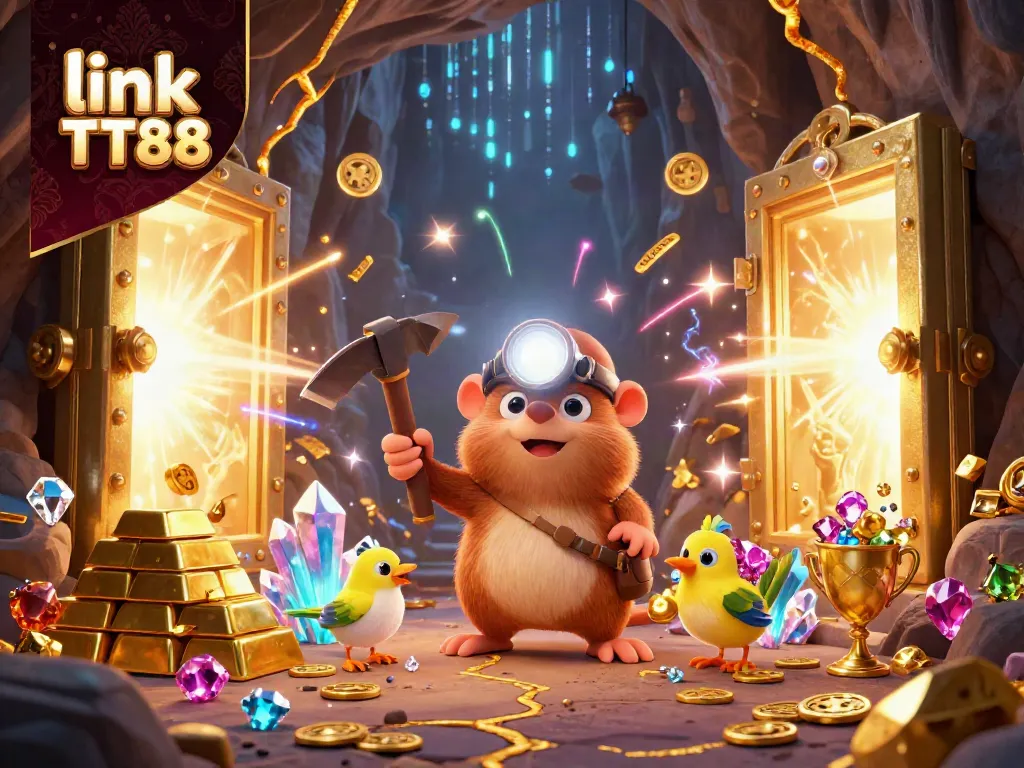 Experience thrilling adventures with link TT88, featuring a treasure hunter collecting gems in a vibrant casino atmosphere.