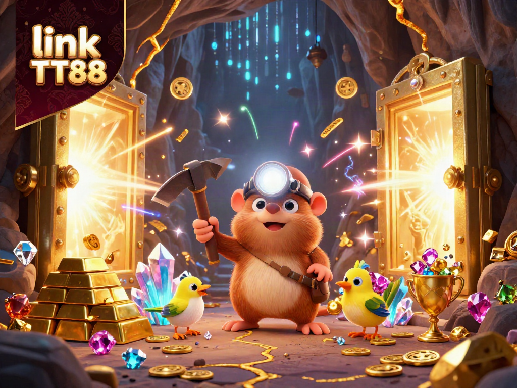 Experience thrilling adventures with link TT88, featuring a treasure hunter collecting gems in a vibrant casino atmosphere.