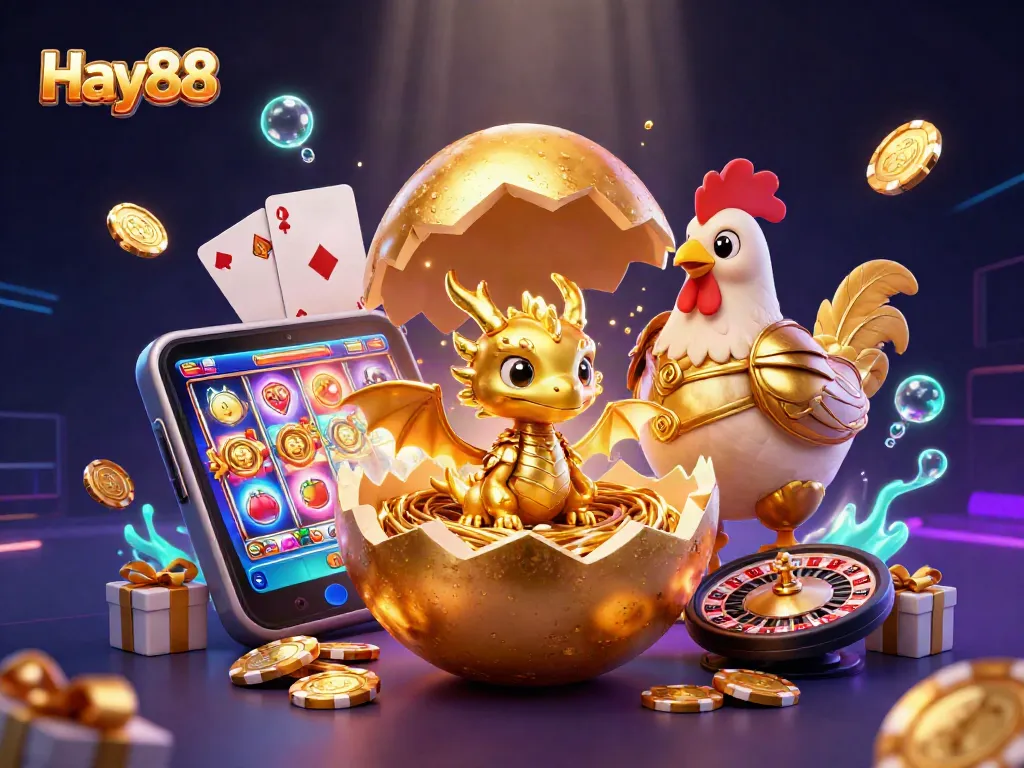Play exciting games at Hay88, showcasing a golden dragon and poker chips in a vibrant casino setting.