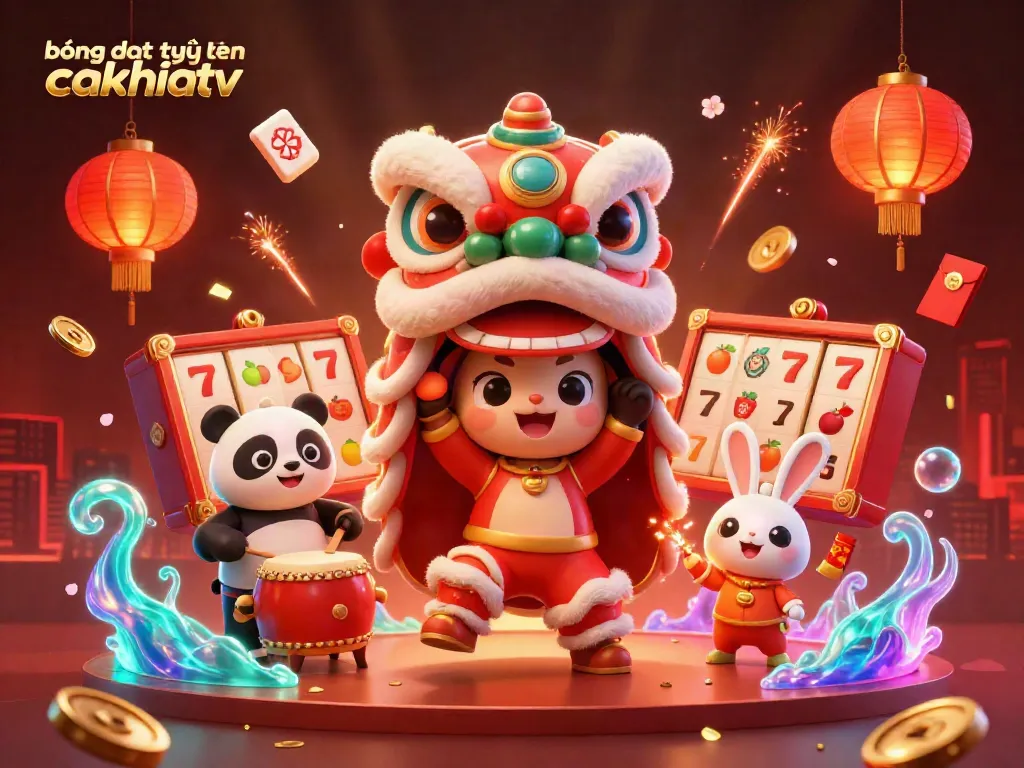 Bóng đá trực tuyến cakhiatv showcases a festive scene with lion dance characters, slot reels, and vibrant decorations.