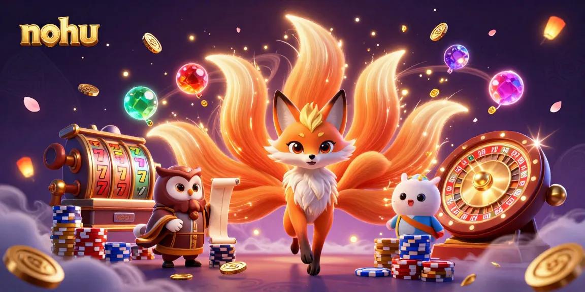 Nohu-themed casino illustration featuring a vibrant fox spirit with glowing tails, slot machine reels, and sparkling coins.