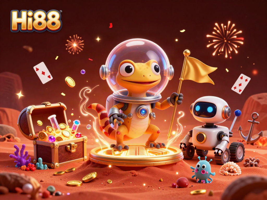 Hi88 casino adventure with a Martian gecko uncovering a golden casino treasure.