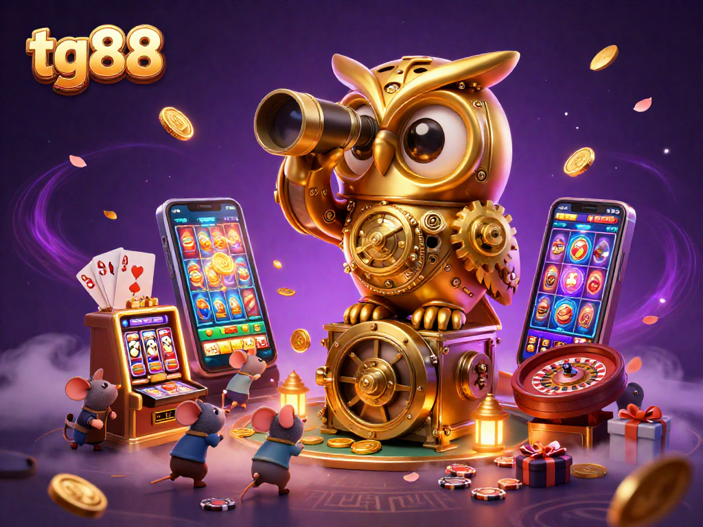 Play exciting games at tg88 with a golden owl, lively slot machines, and vibrant casino elements.