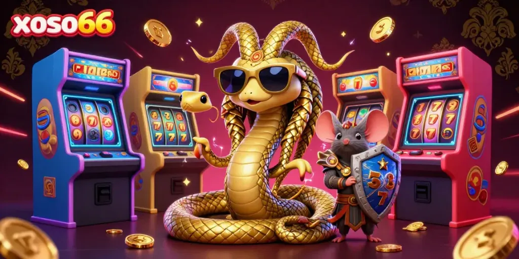 Engage with the vibrant world of xoso66 as Medusa and a warrior mouse surround a thrilling slot-themed illustration.