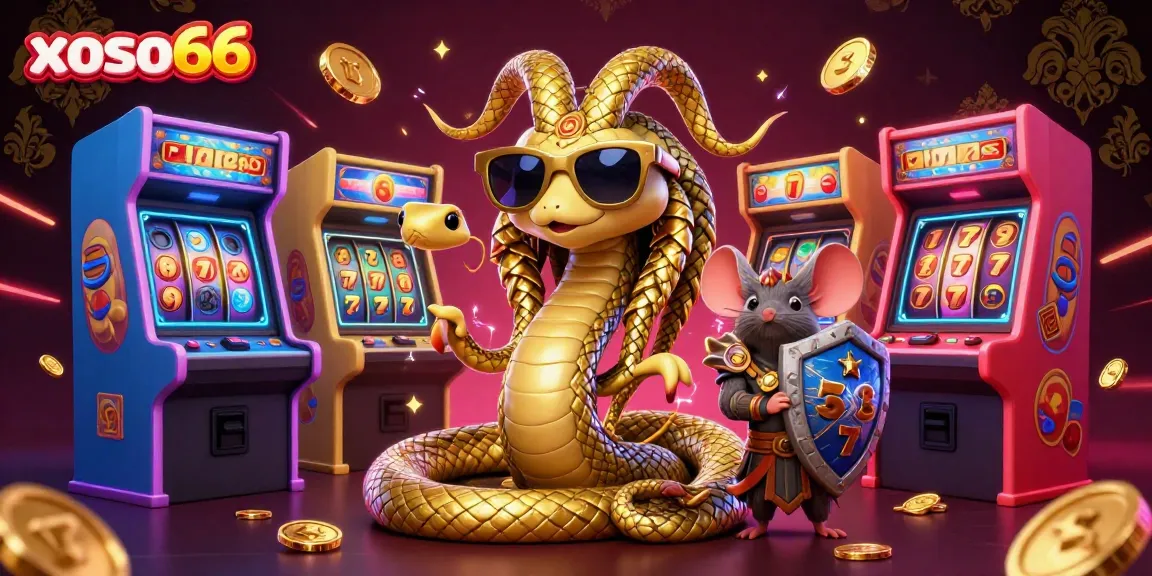 Engage with the vibrant world of xoso66 as Medusa and a warrior mouse surround a thrilling slot-themed illustration.