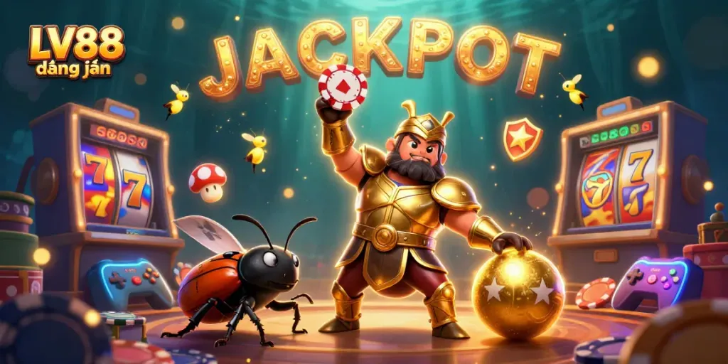 Experience high-stakes action with LV88 đăng nhập, as the hercules beetle celebrates a jackpot in a vibrant casino world.