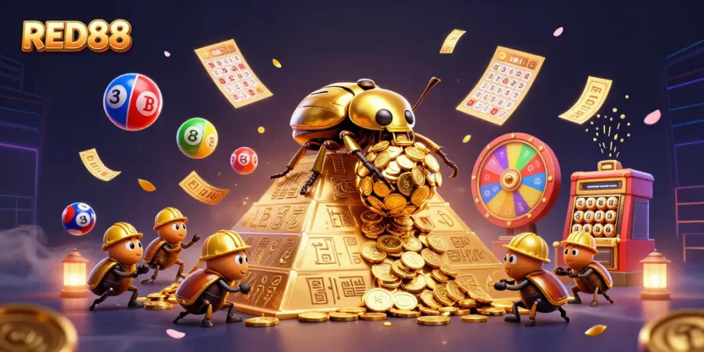 Experience the excitement of RED88 as cartoon beetles roll gold coins, surrounded by lottery elements.