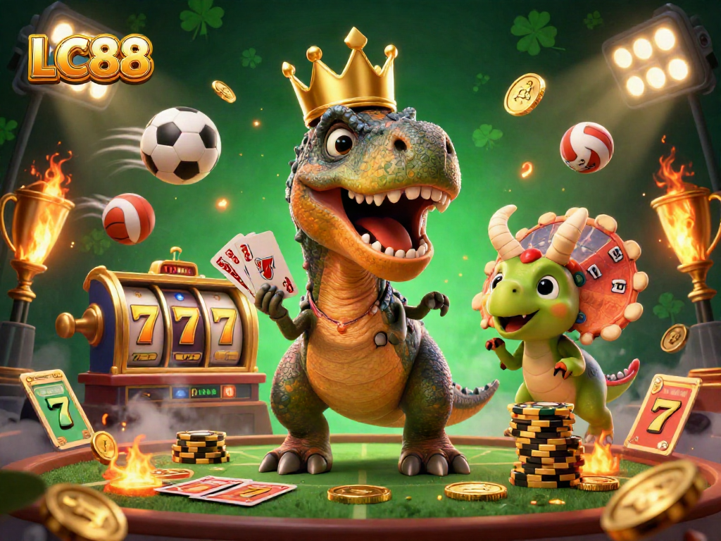 Engage with LC88 in high-stakes card games featuring a T-Rex and friends under shimmering lights.