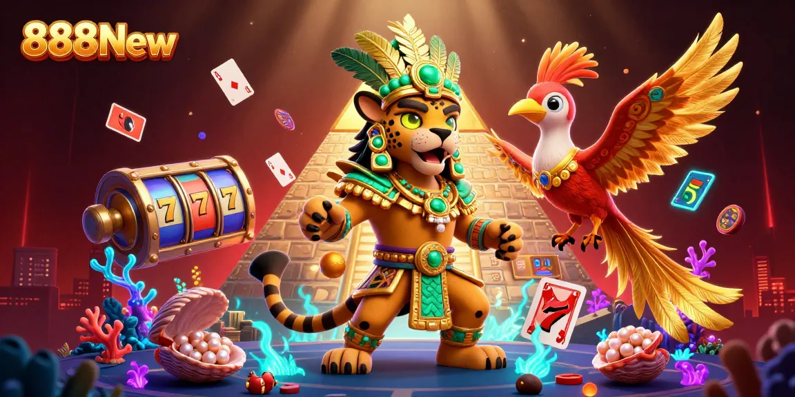 Experience thrilling gameplay at 888New with vibrant 3D casino art featuring a Mayan jaguar priest.