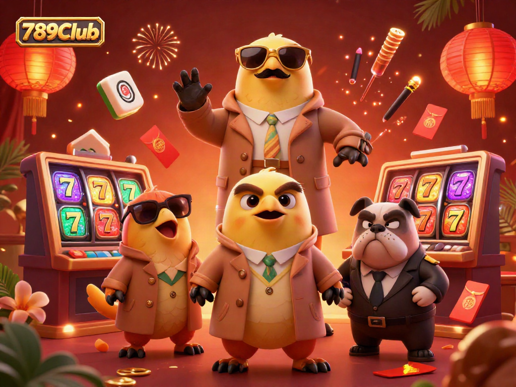 Engage with the lively 789Club scene featuring raptors in a trench coat at a casino VIP lounge, surrounded by vibrant game symbols.