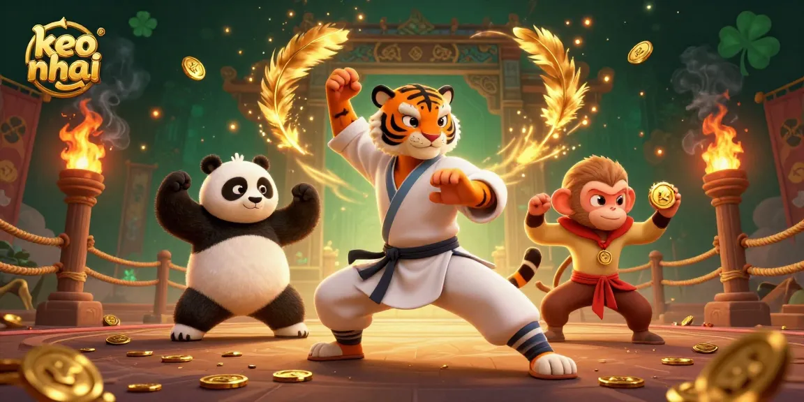 Engage in thrilling keo nha cai with a kung fu tiger and panda disciple surrounded by gold tokens and fiery effects