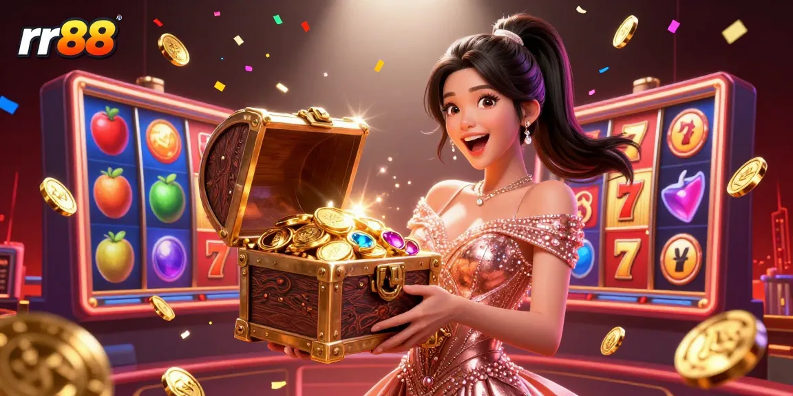 Experience top-tier gaming action at rr88 with golden treasures and exciting slot reels in a dynamic scene.