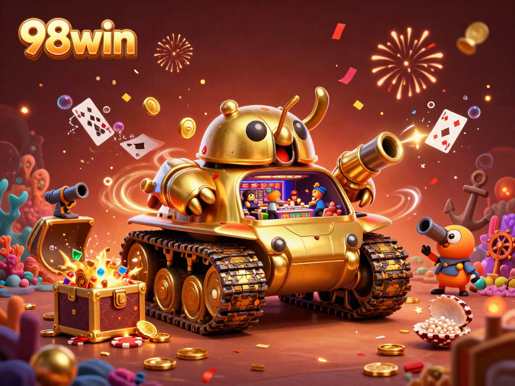 Experience the excitement of 98win with a dynamic 3D casino scene featuring gold coins, confetti, and gaming elements.